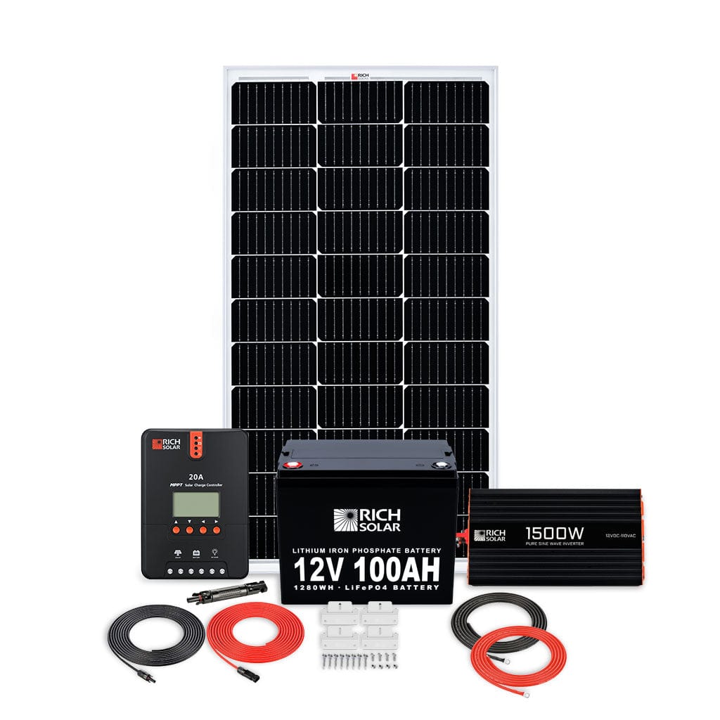 RICH SOLAR | 100W RV 12V Kit Solar Kits RICH SOLAR Add 12V 100AH LiFePO4 Battery (RS-B12100) + Add 1500W 12V Pure Sine Wave Inverter (RS-V1500)