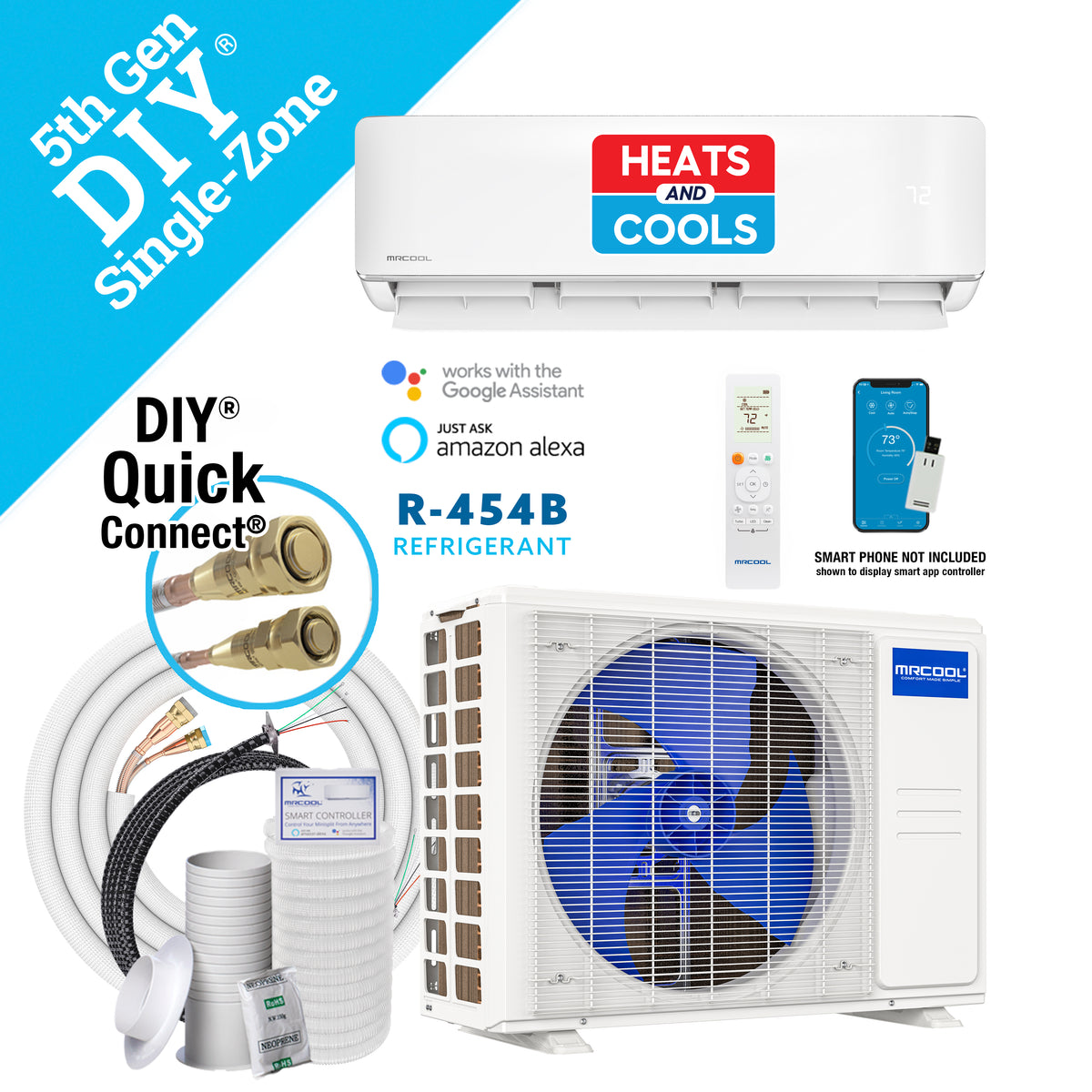 MRCOOL DIY 5th Generation 12,000 BTU 115V complete system with indoor unit, outdoor unit, pre-charged line set, remote, and accessories