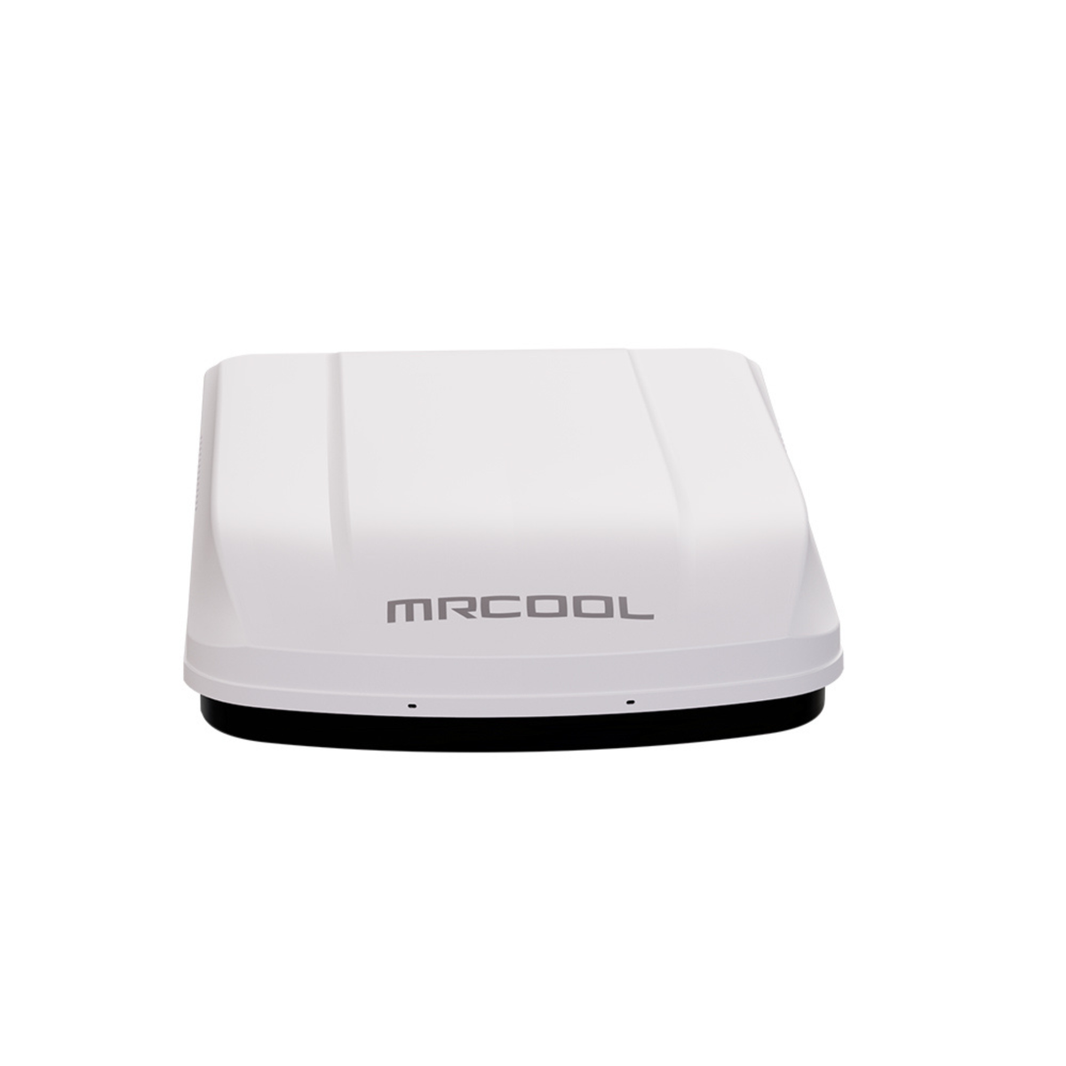 Front view of the white TravelCool rooftop RV air conditioner and heat pump