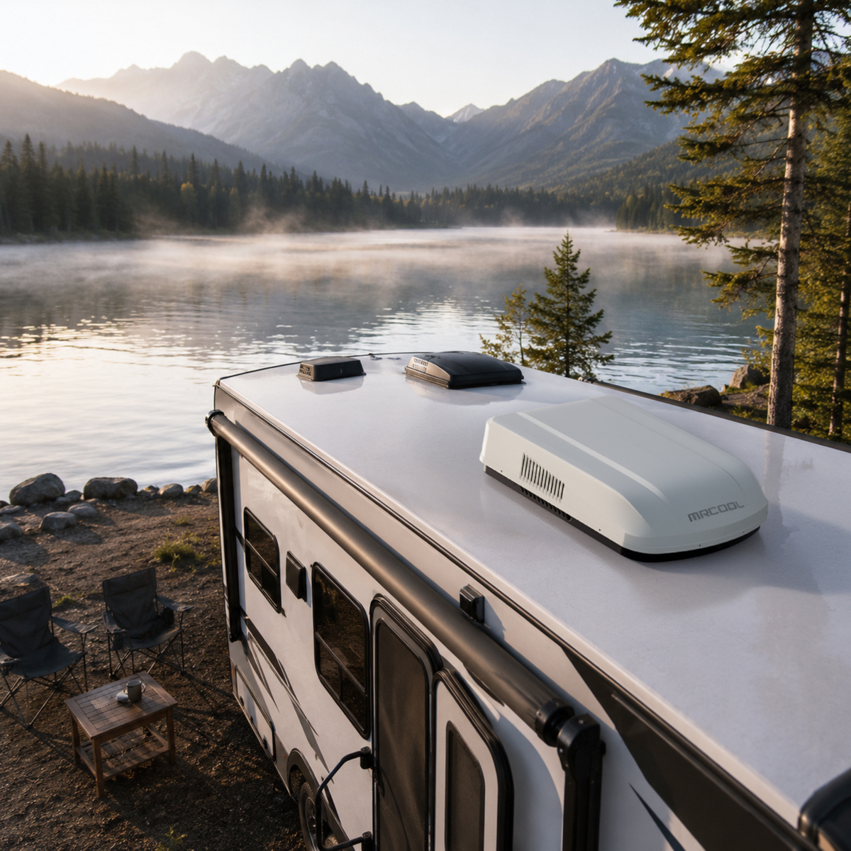 RV with a white TravelCool rooftop heat pump at a lakeside campsite