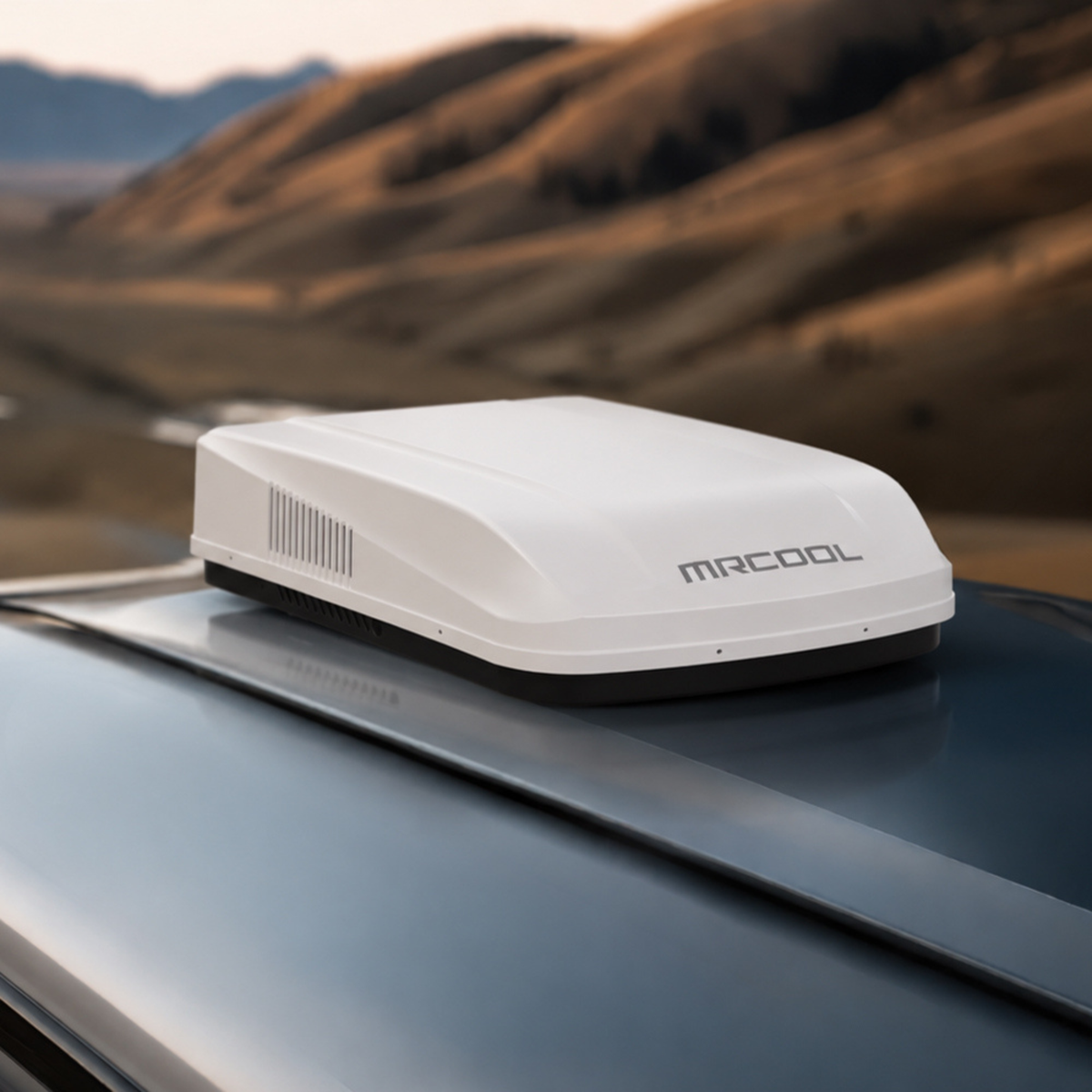 White MRCOOL TravelCool rooftop heat pump installed on an RV