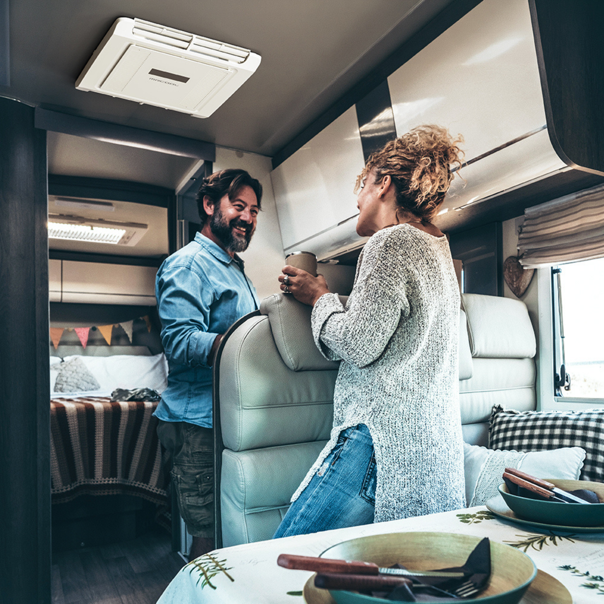 TravelCool interior ceiling air distribution assembly installed in an RV