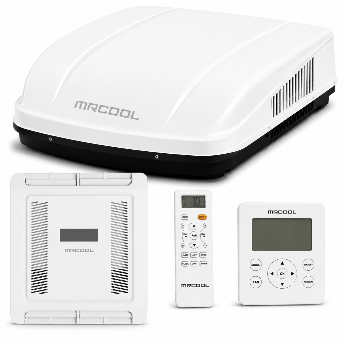 MRCOOL TravelCool white rooftop RV heat pump bundle with ducted ceiling assembly