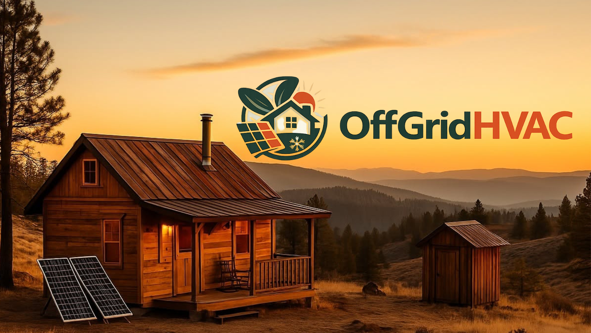 Off-grid cabin with rooftop solar panels using a 115V mini split heat pump for efficient heating and cooling.