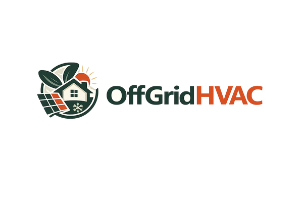 OffGridHVAC logo featuring a modern house with a solar panel, sun, fan blades, and snowflake, representing off-grid heating, cooling, and renewable energy solutions.